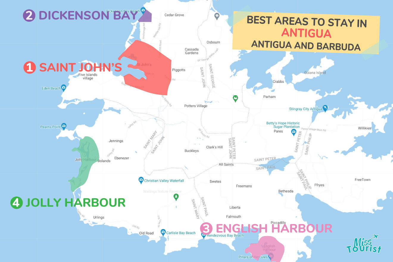 Map of best places to stay Antigua